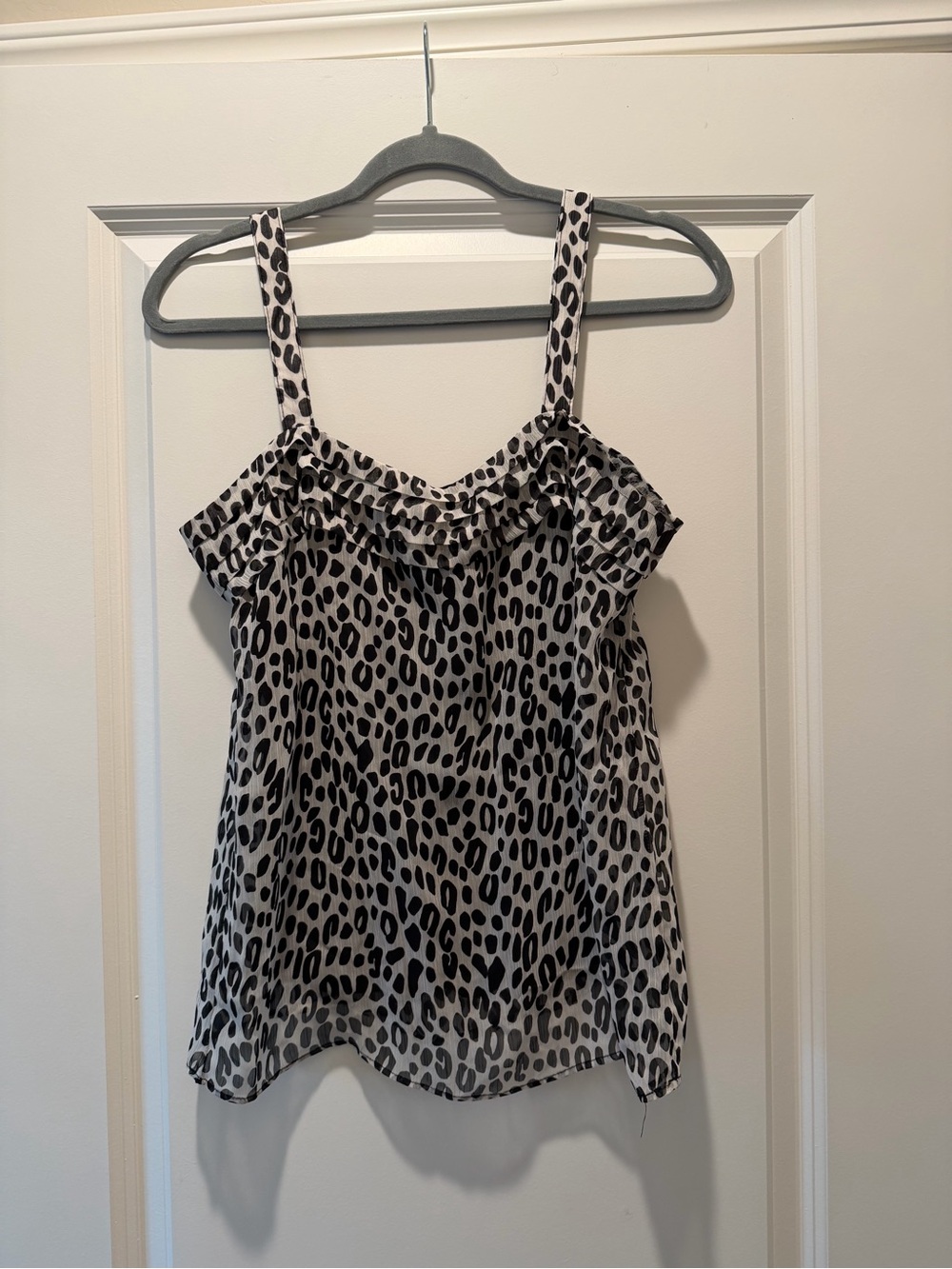 New York & Company Black and White Leopard Print Ruffle Cami
